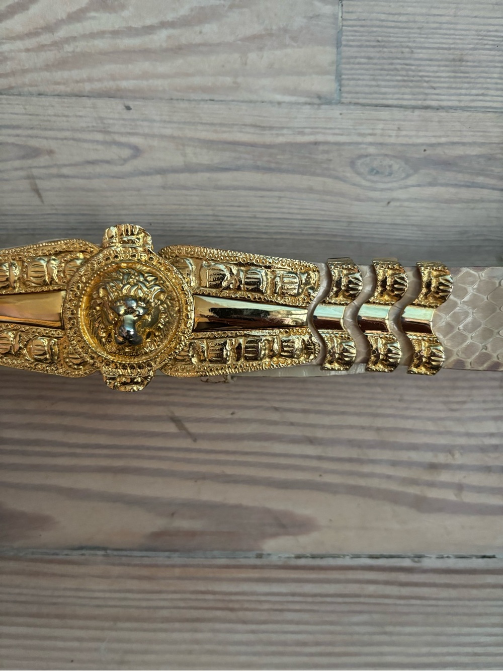 Vintage Judith Leiber Ivory Snakeskin Signature Belt with Gold Lion Crest